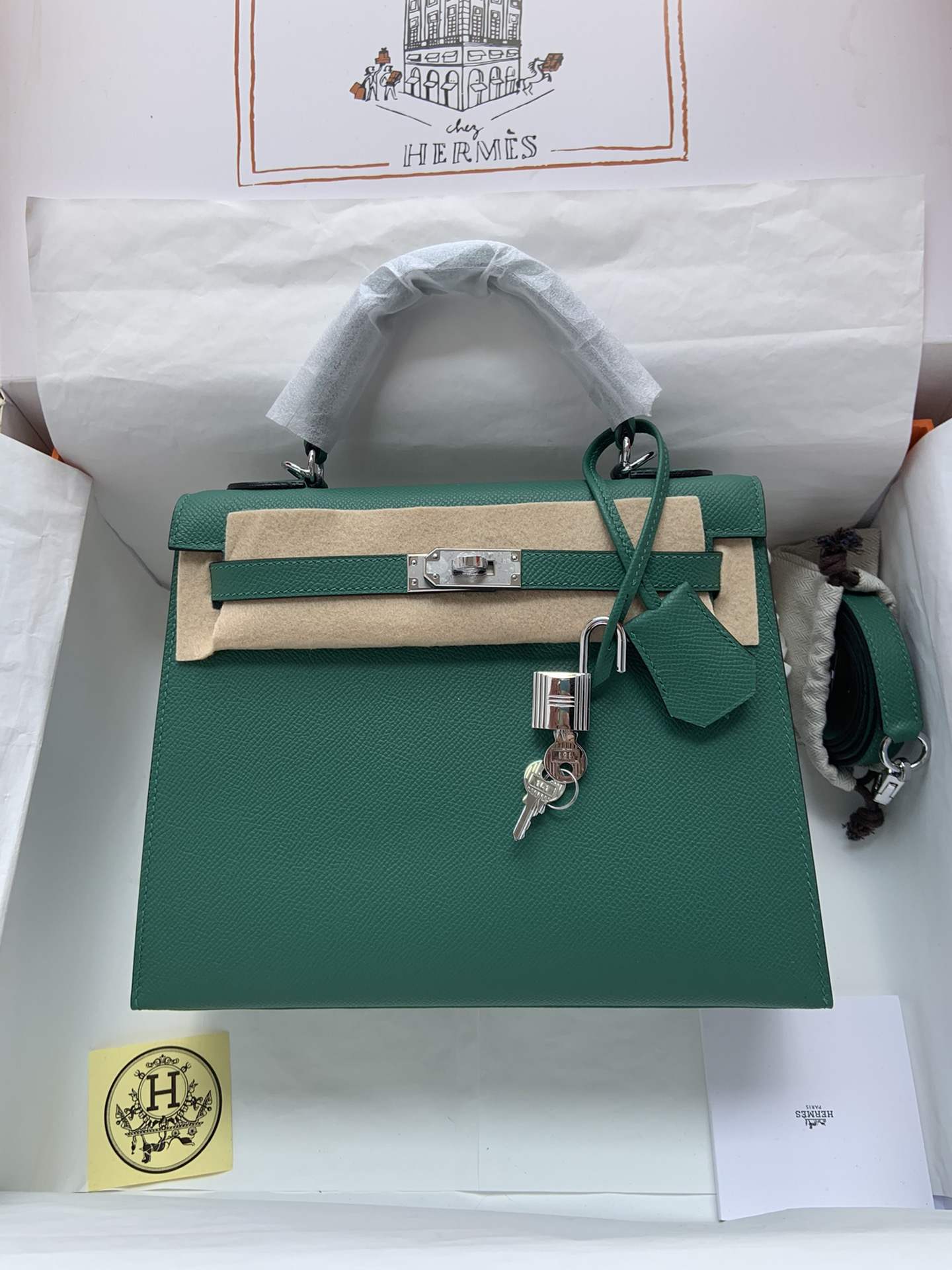 HERMES Kelly 25 Malachite Epsom Silver-tone Hardware