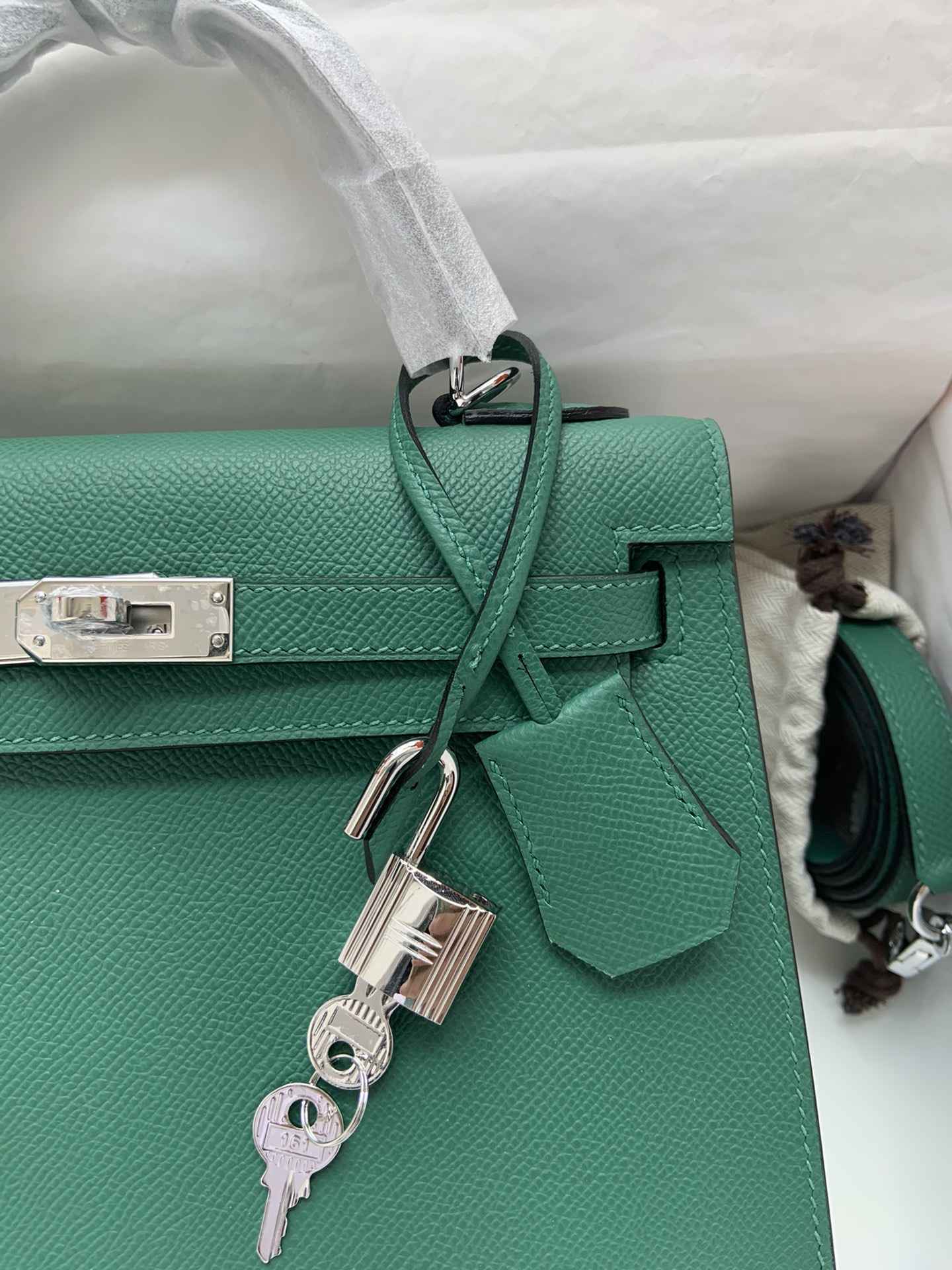 HERMES Kelly 25 Malachite Epsom Silver-tone Hardware