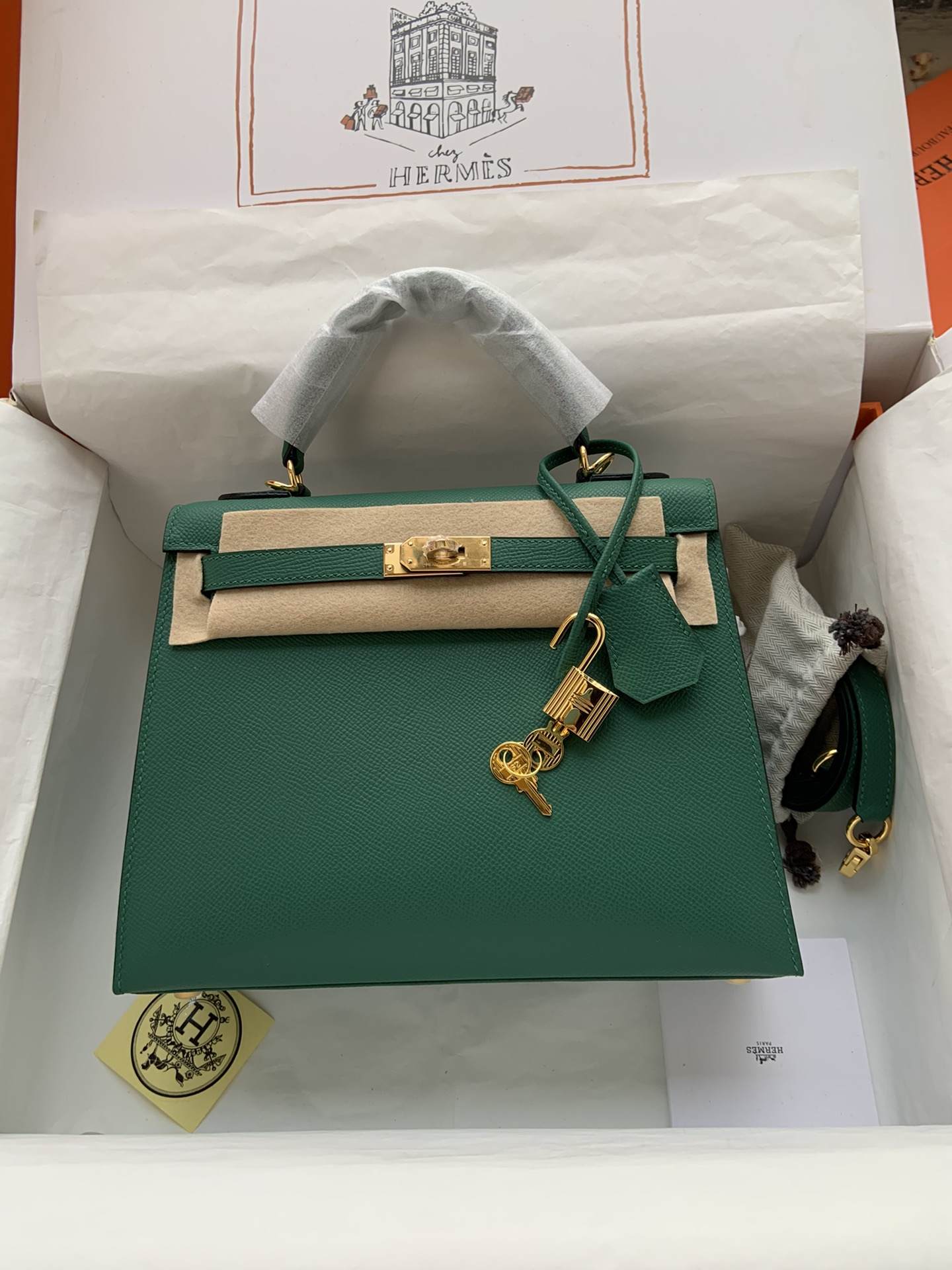 HERMES Kelly 25 Malachite Epsom Gold-tone Hardware