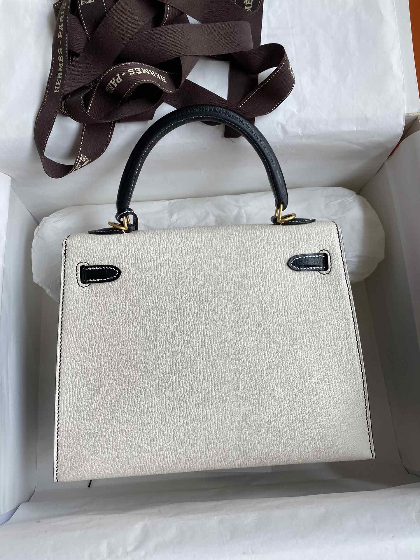 HERMES Kelly 25 Craie&Nior Epsom Gold-tone Hardware