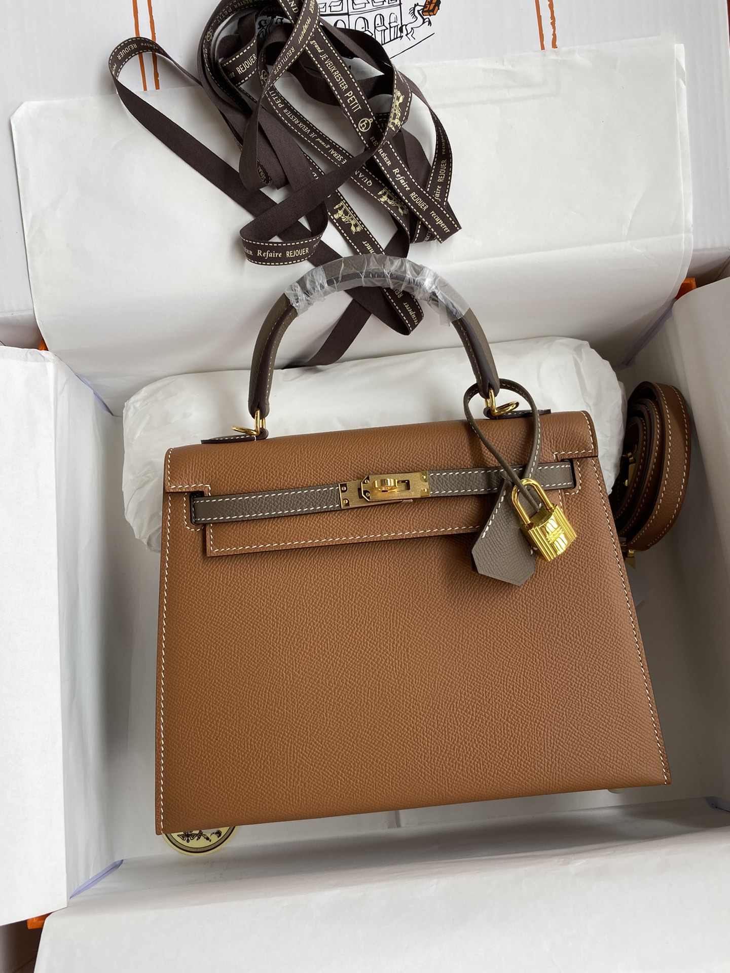 HERMES Kelly 25 Gold&Etoupe Epsom Gold-tone Hardware