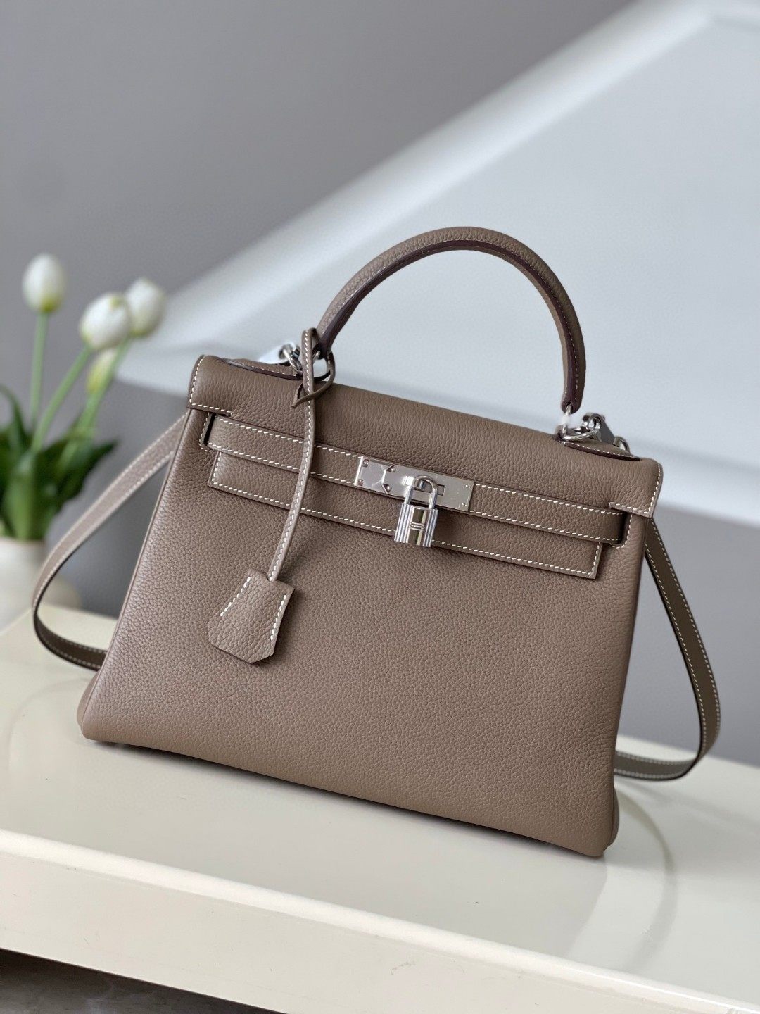 HERMES Kelly 28 Etoupe Togo Silver-tone Hardware