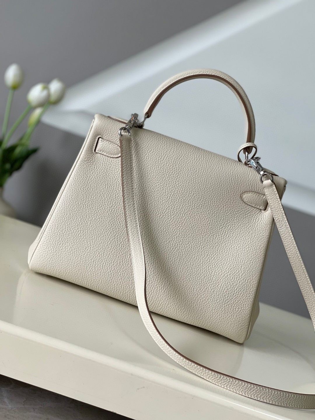 HERMES Kelly 28 Craie Togo Silver-tone Hardware