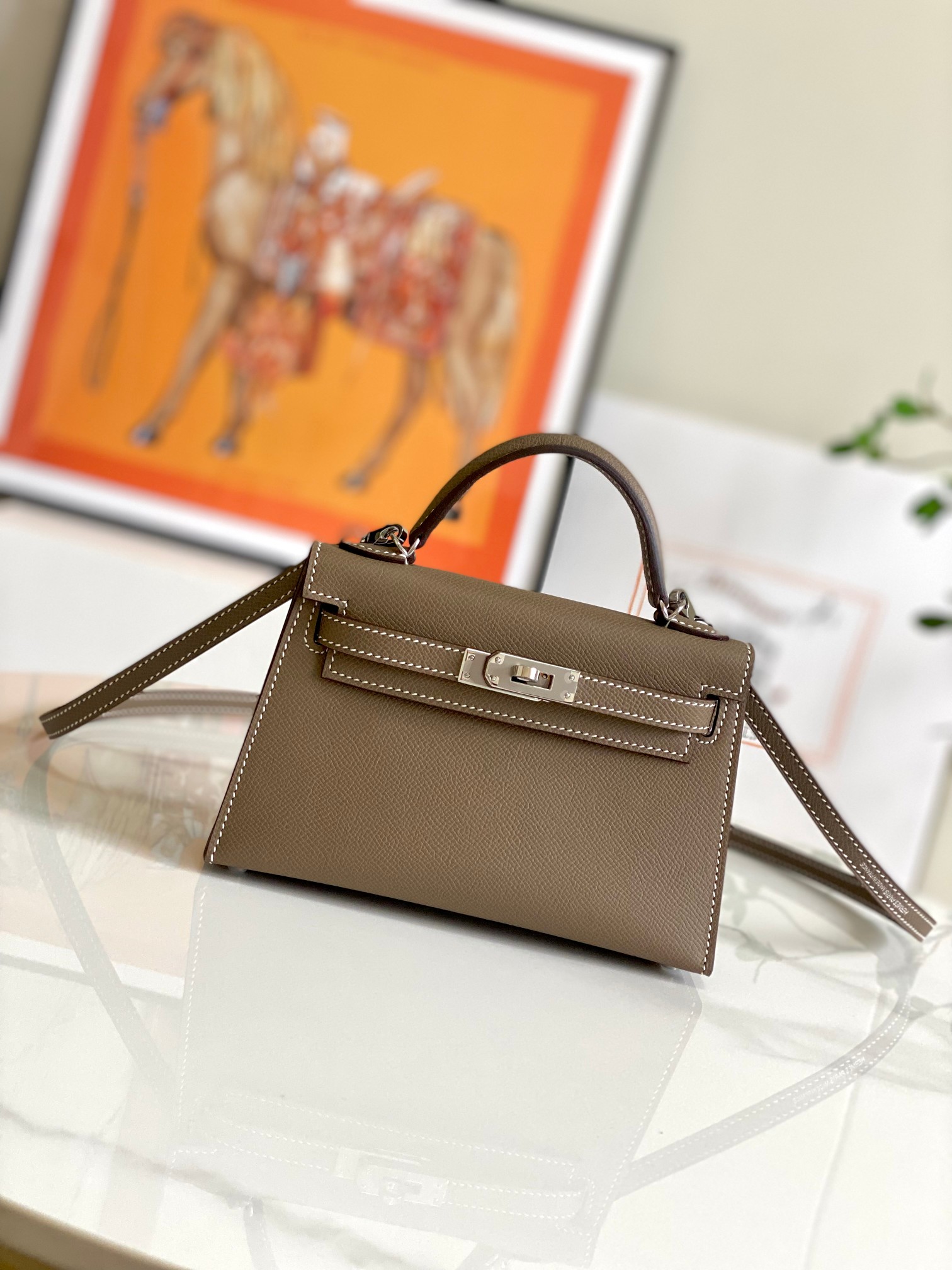 HERMES Kelly Mini II Etoupe Epsom Silver-tone Hardware