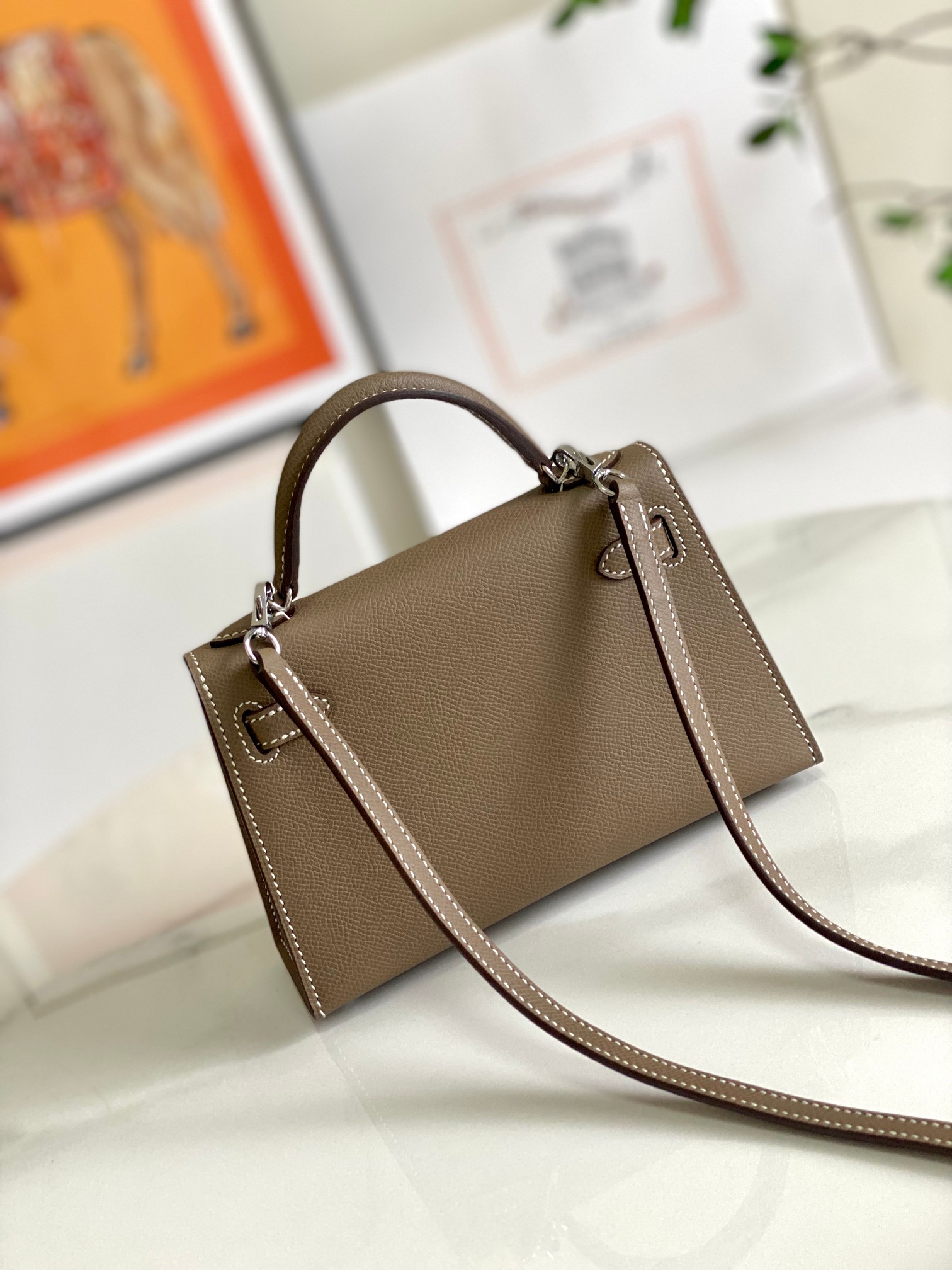 HERMES Kelly Mini II Etoupe Epsom Silver-tone Hardware