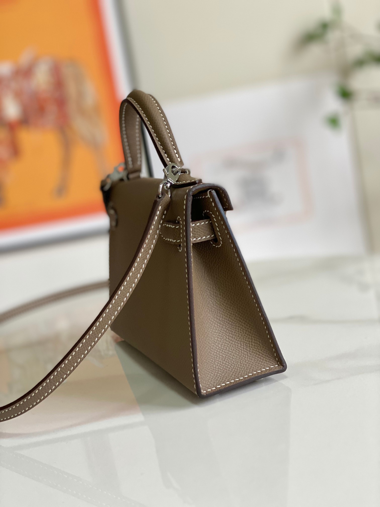 HERMES Kelly Mini II Etoupe Epsom Silver-tone Hardware