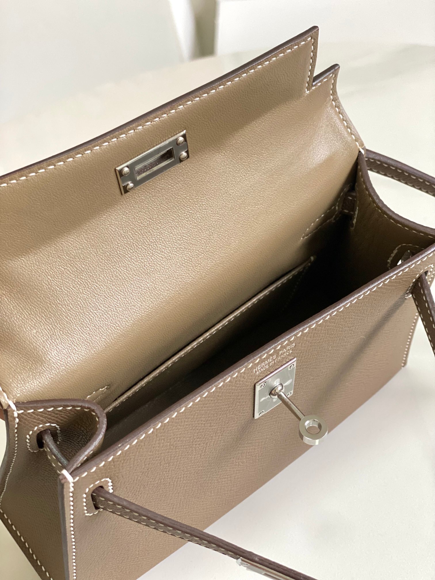 HERMES Kelly Mini II Etoupe Epsom Silver-tone Hardware