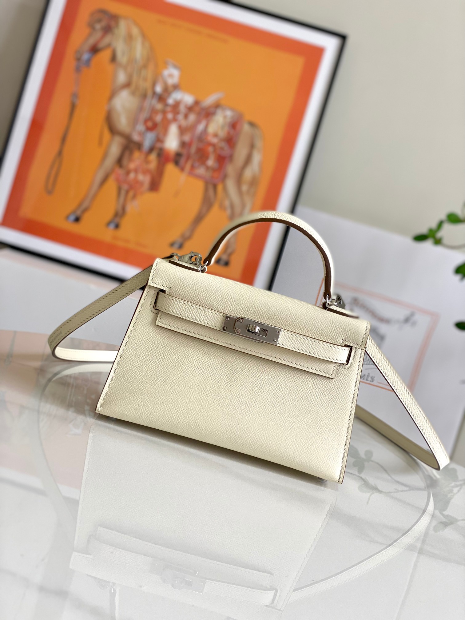 HERMES Kelly Mini II Craie Epsom Silver-tone Hardware