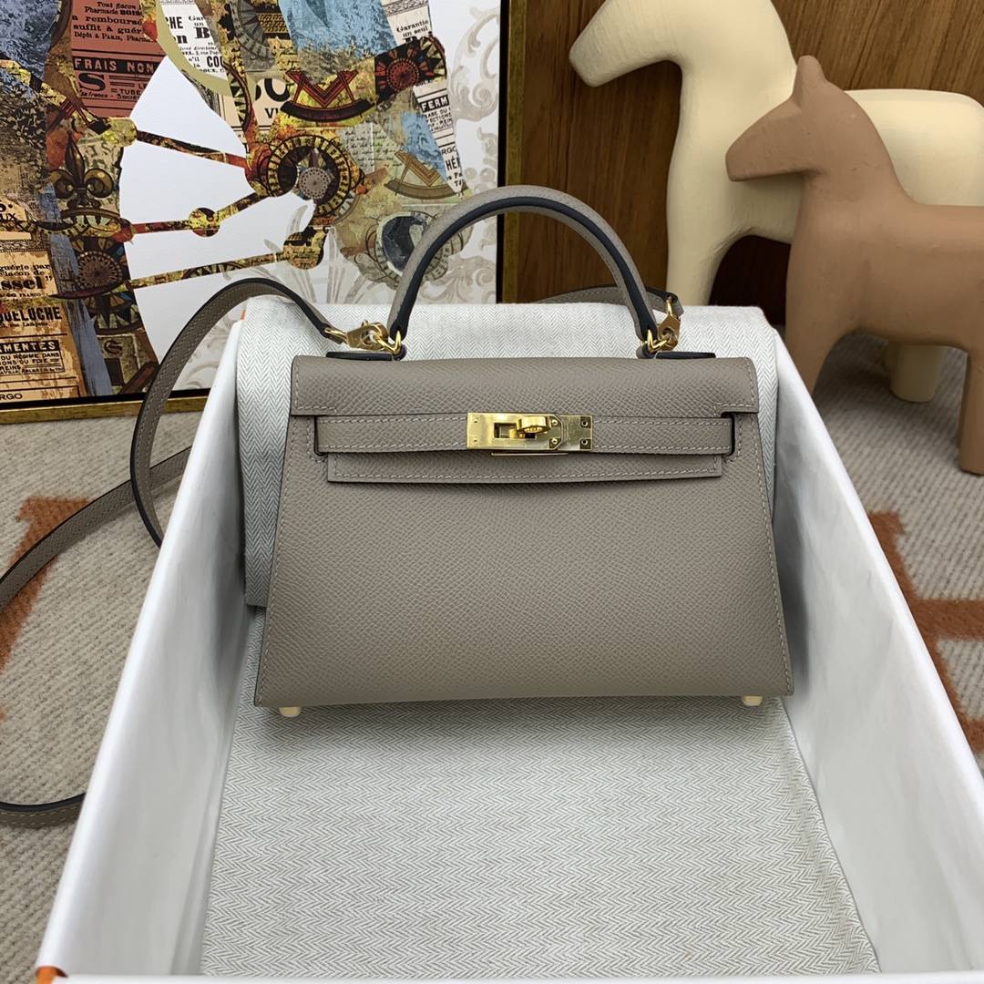 HERMES Kelly Mini II Gris Asphalte Epsom Gold-tone Hardware