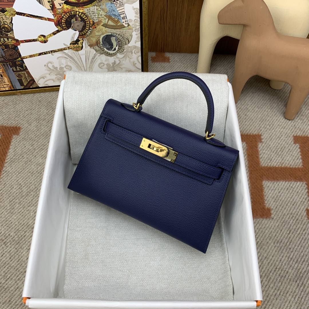 HERMES Kelly Mini II Bleu Sapphir Epsom Gold-tone Hardware