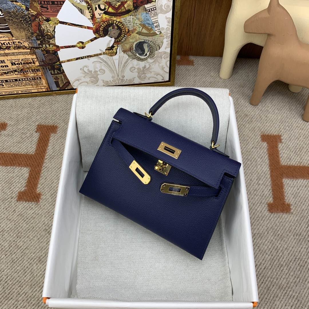 HERMES Kelly Mini II Bleu Sapphir Epsom Gold-tone Hardware