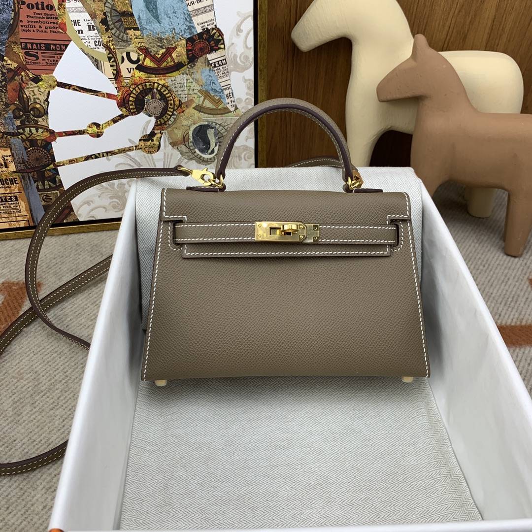 HERMES Kelly Mini II Etoupe Epsom Gold-tone Hardware