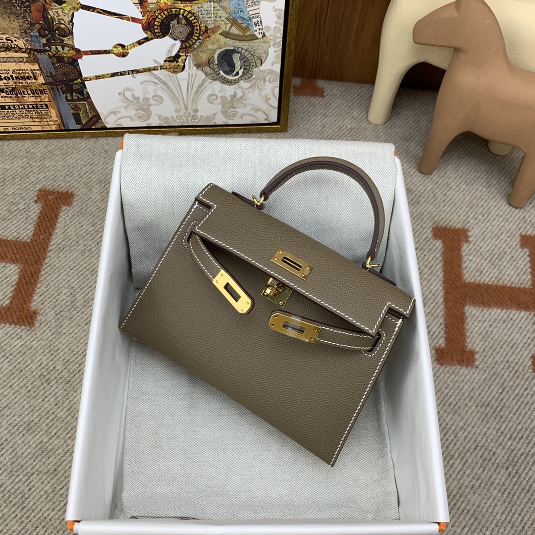 HERMES Kelly Mini II Etoupe Epsom Gold-tone Hardware