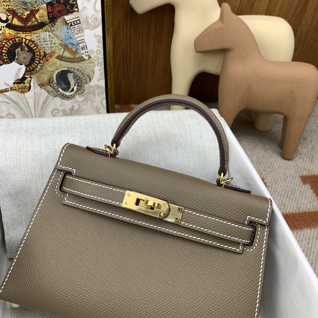 HERMES Kelly Mini II Etoupe Epsom Gold-tone Hardware