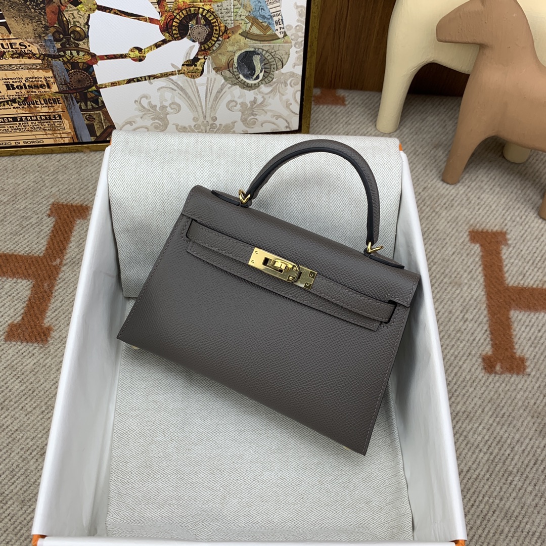 HERMES Kelly Mini II Etain Epsom Gold-tone Hardware