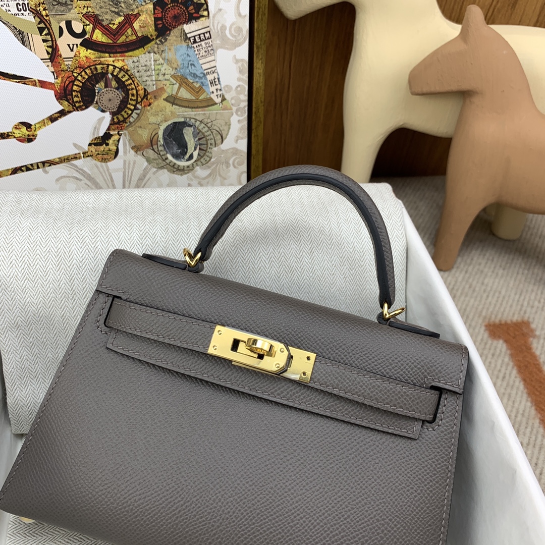 HERMES Kelly Mini II Etain Epsom Gold-tone Hardware