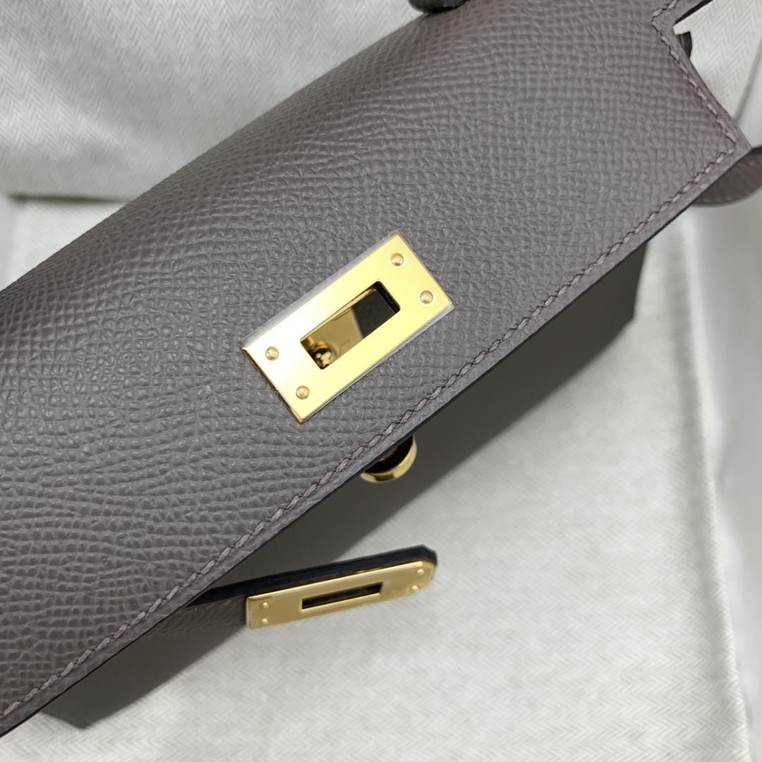 HERMES Kelly Mini II Etain Epsom Gold-tone Hardware