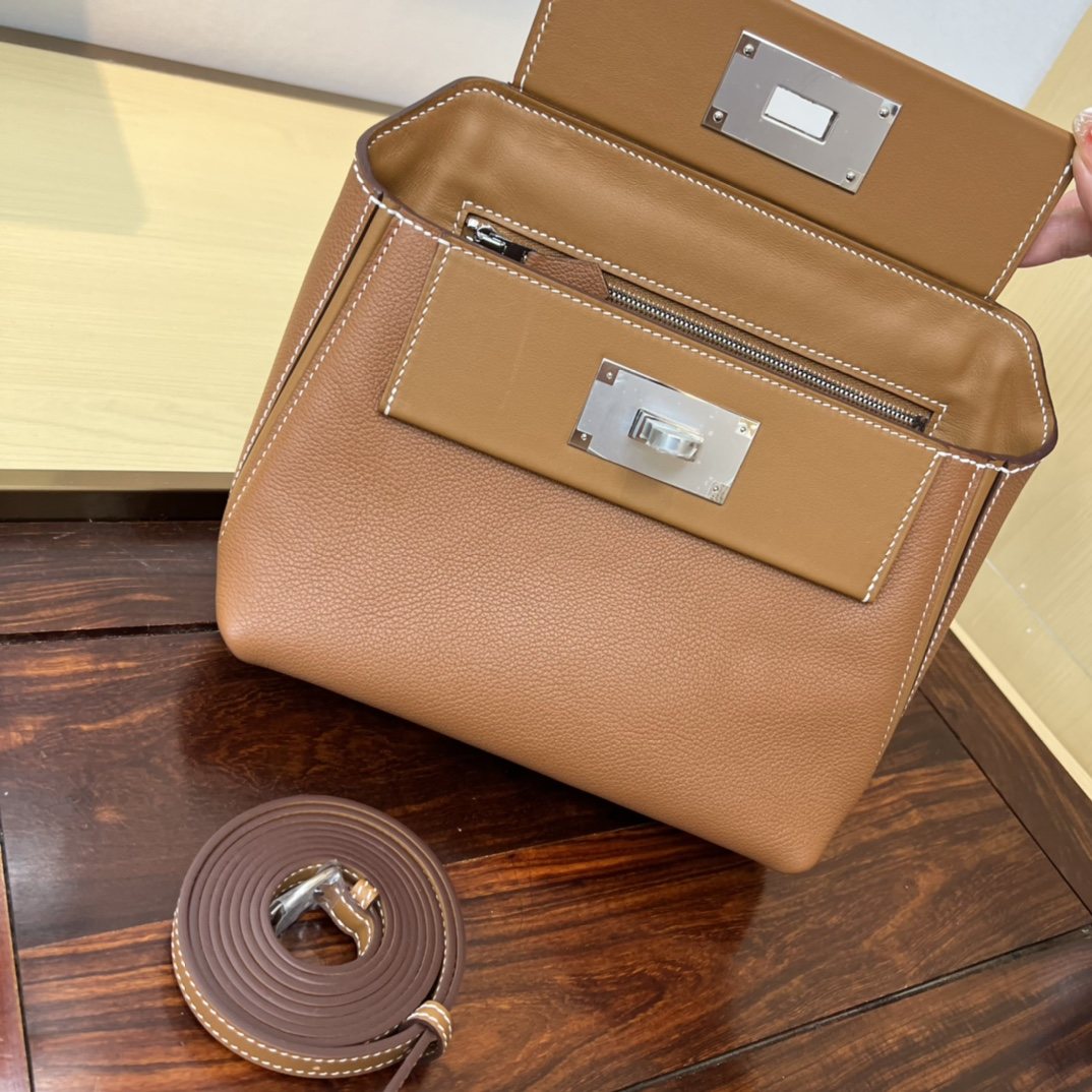 HERMES Kelly Mini 2424 Gold Evercolor Silver-tone Hardware