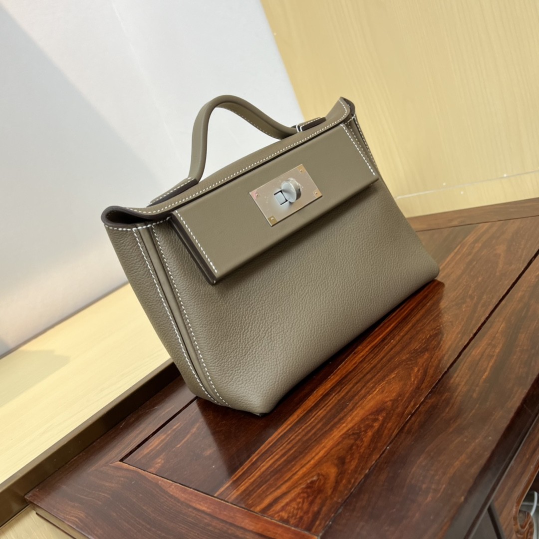 HERMES Kelly Mini 2424 Etoupe Evercolor Silver-tone Hardware