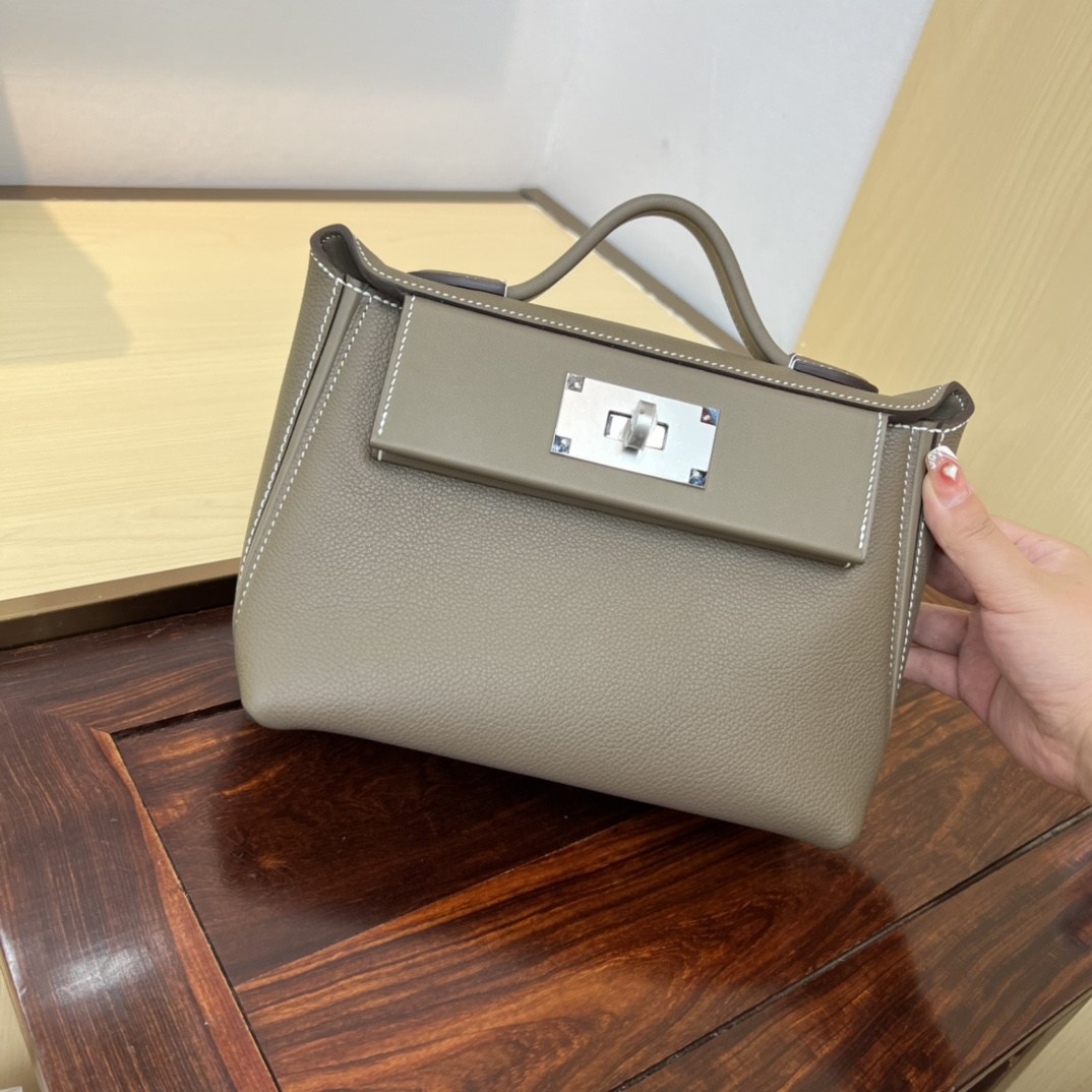 HERMES Kelly Mini 2424 Etoupe Evercolor Silver-tone Hardware