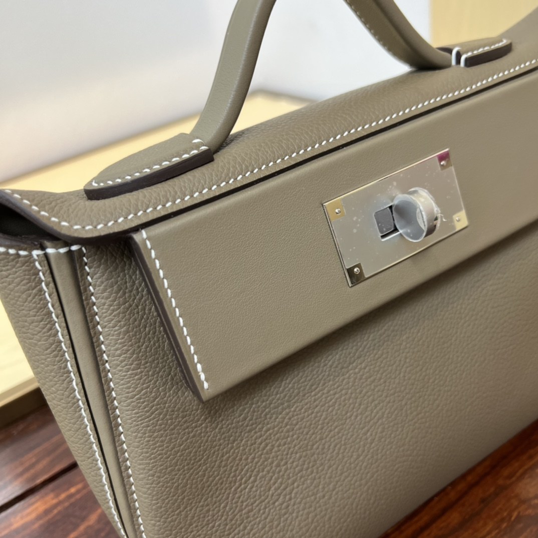 HERMES Kelly Mini 2424 Etoupe Evercolor Silver-tone Hardware