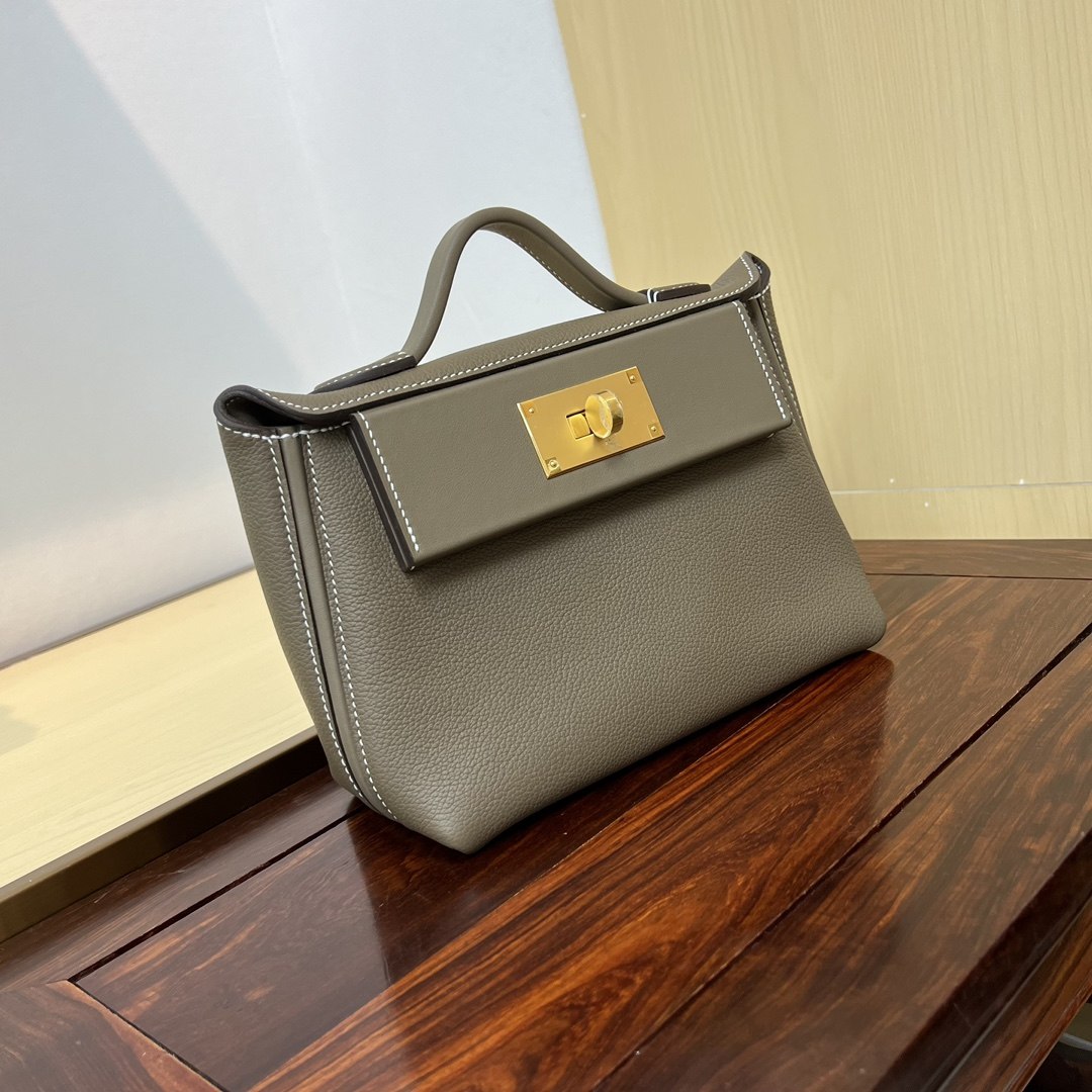 HERMES Kelly Mini 2424 Etoupe Evercolor Gold-tone Hardware