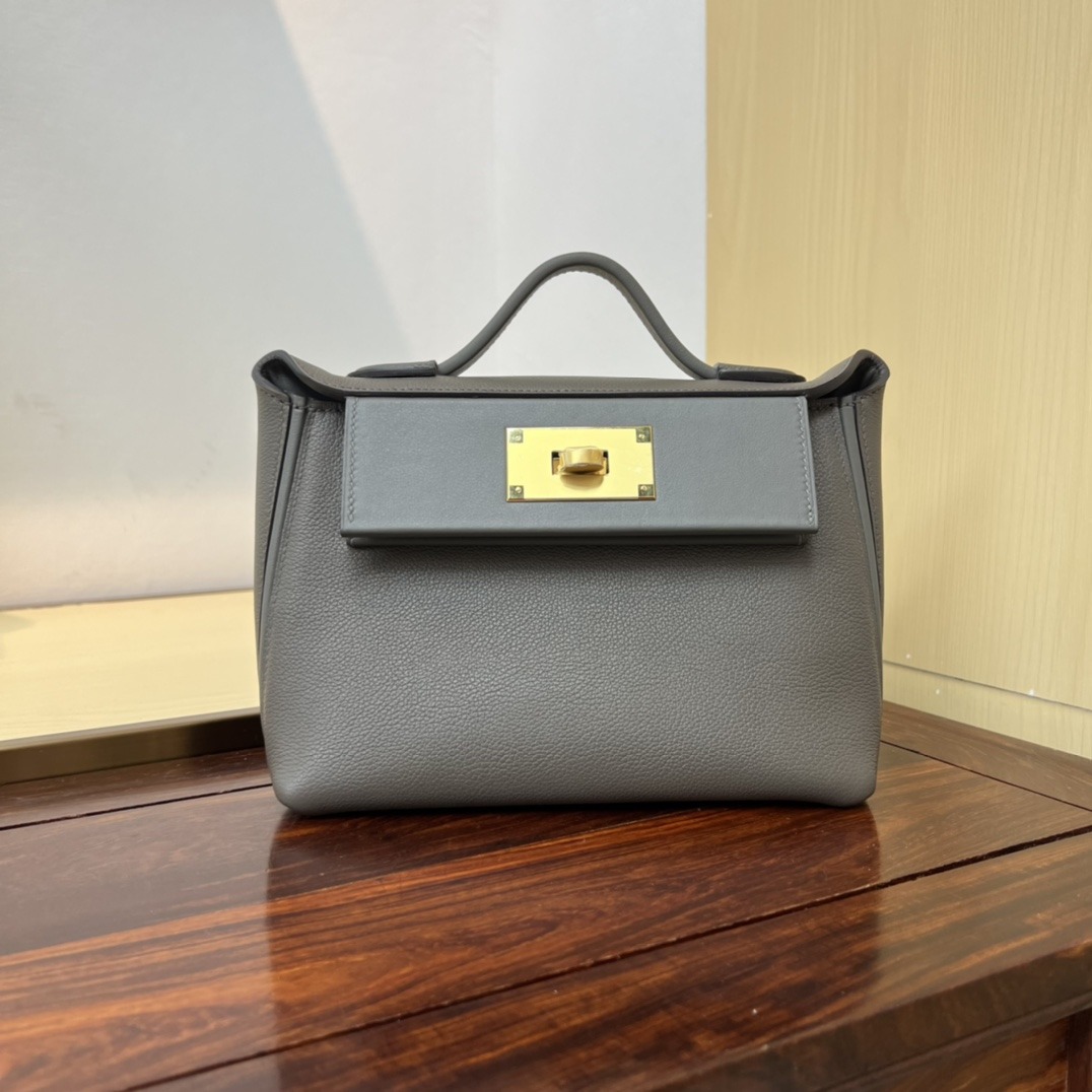 HERMES Kelly Mini 2424 Etain Evercolor Gold-tone Hardware