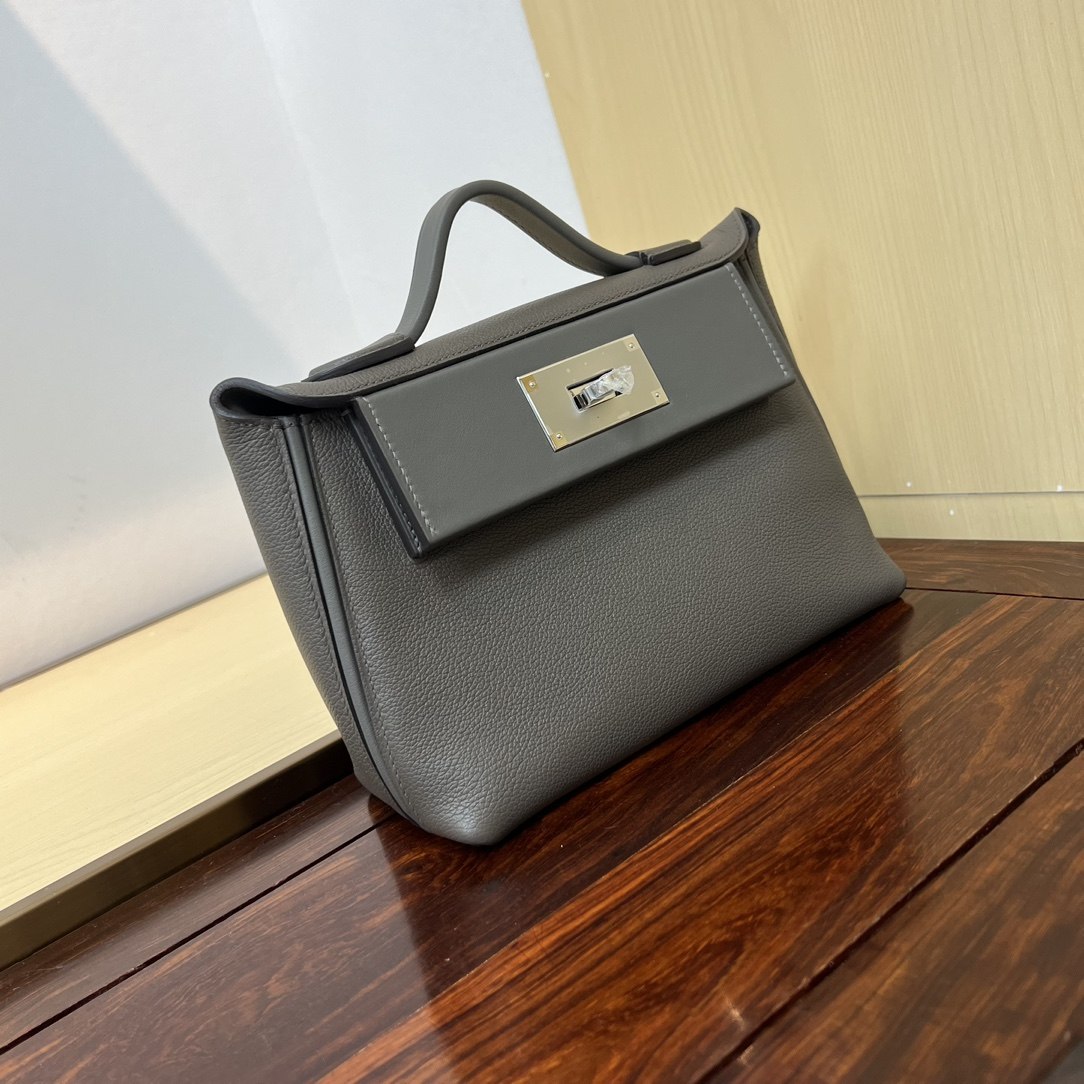 HERMES Kelly Mini 2424 Etain Evercolor Silver-tone Hardware