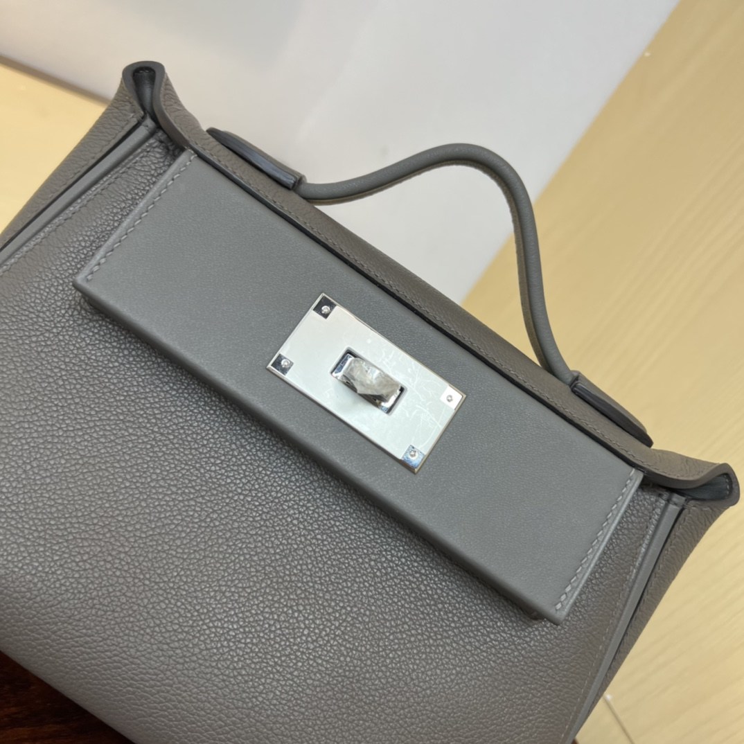 HERMES Kelly Mini 2424 Etain Evercolor Silver-tone Hardware