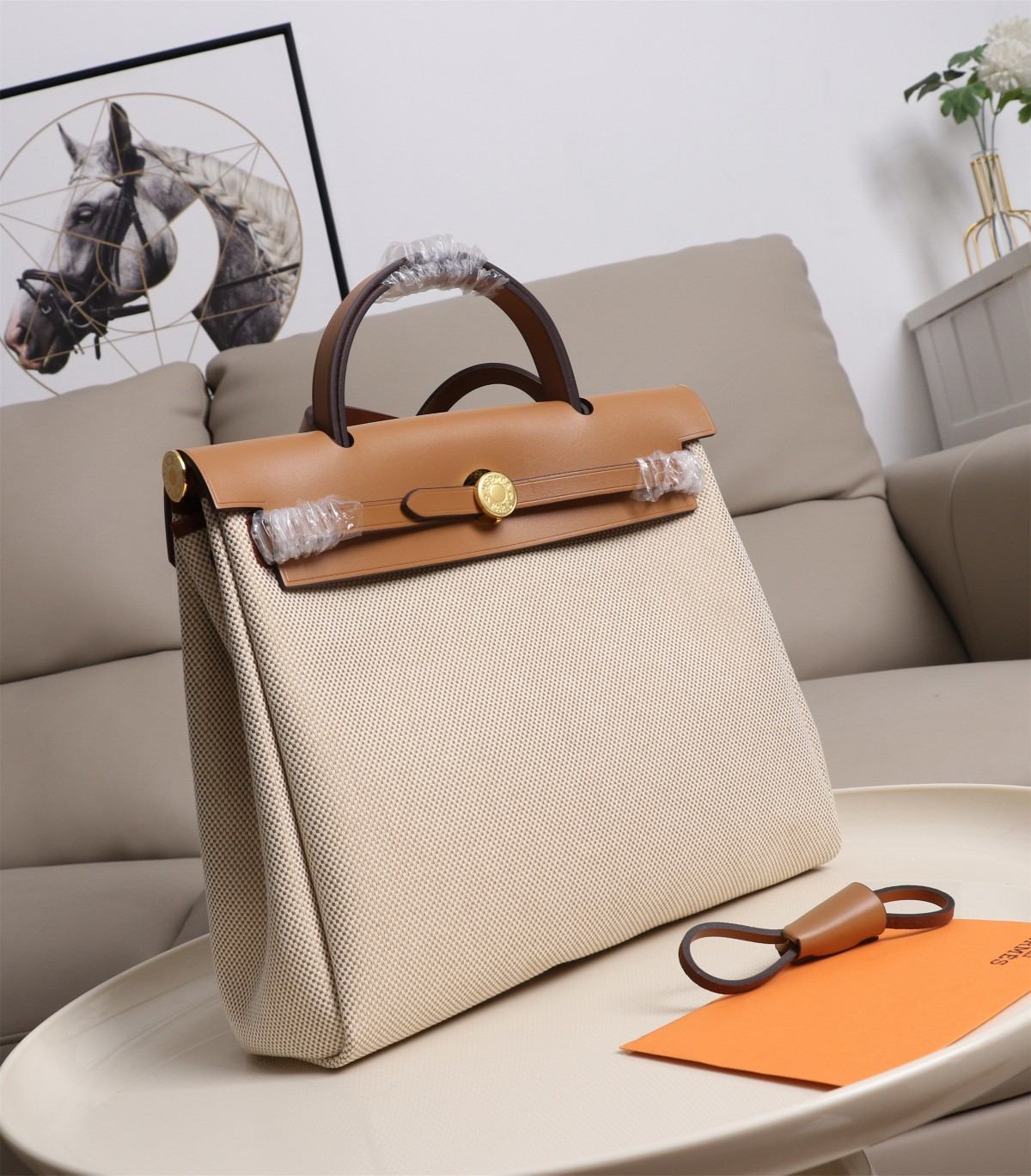 HERMES Herbag Zip Cabine Brown White