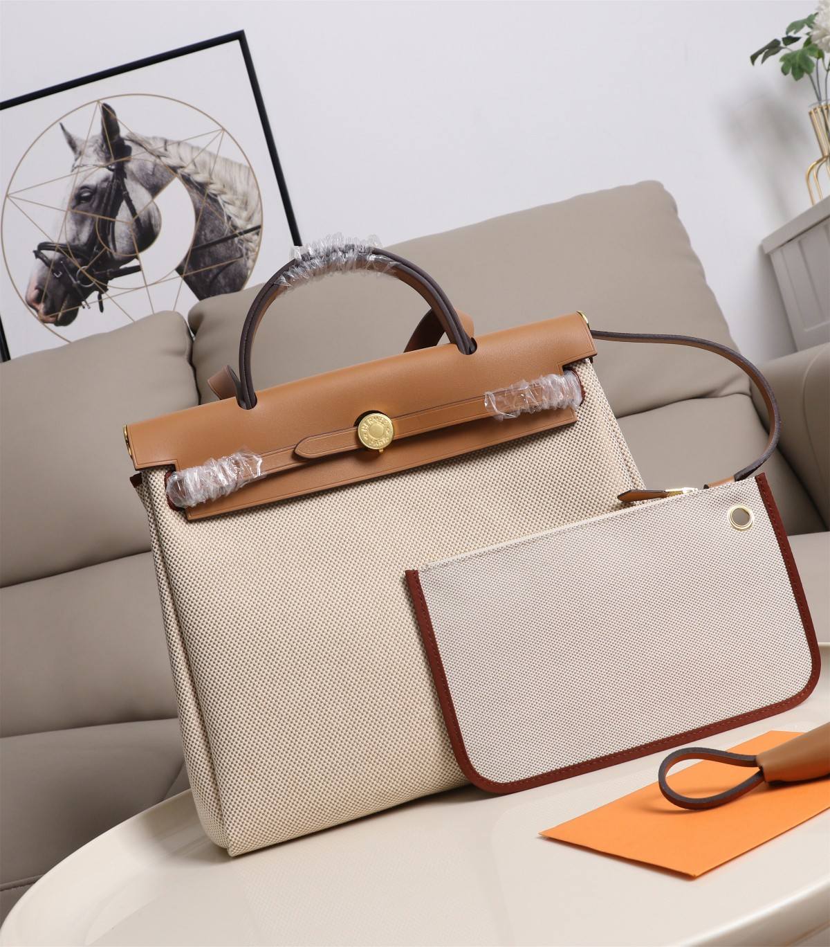 HERMES Herbag Zip Cabine Brown White