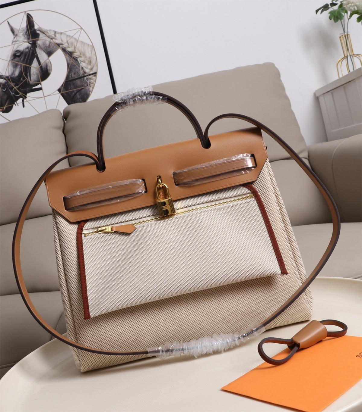 HERMES Herbag Zip Cabine Brown White