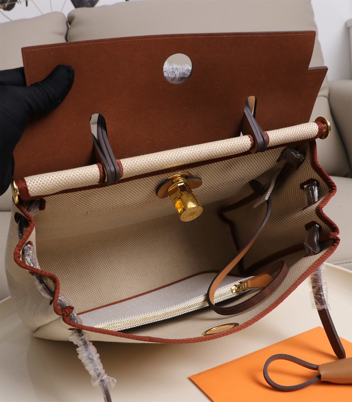 HERMES Herbag Zip Cabine Brown White