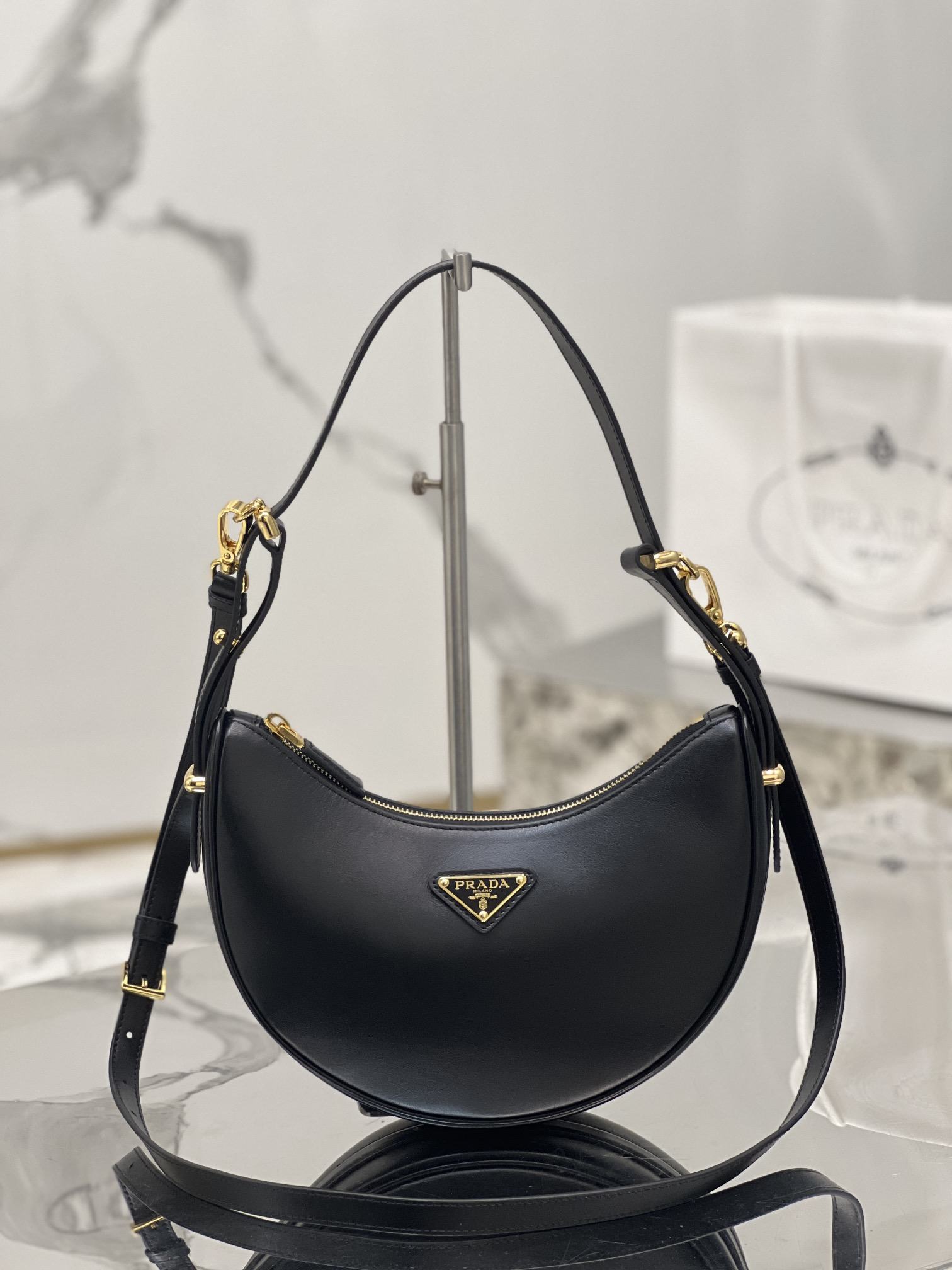 PRADA Arqué Leather Shoulder Bag Black