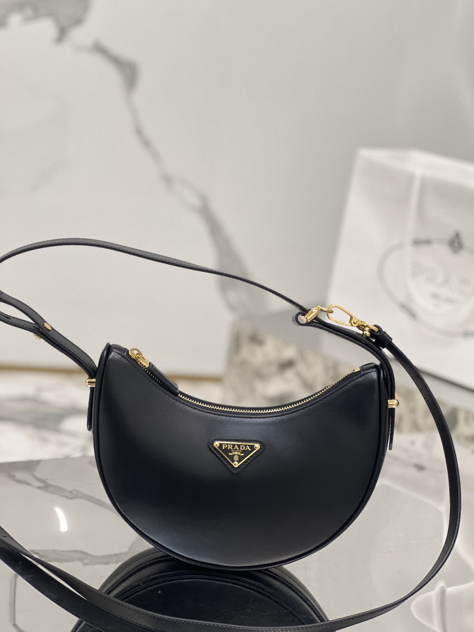 PRADA Arqué Leather Shoulder Bag Black