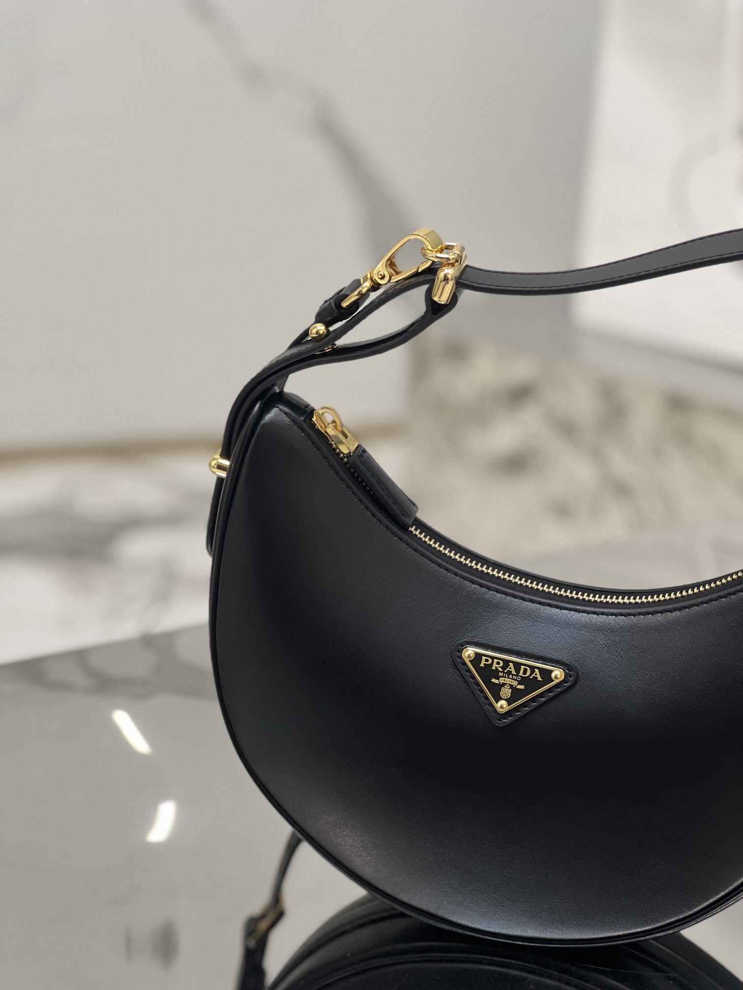 PRADA Arqué Leather Shoulder Bag Black