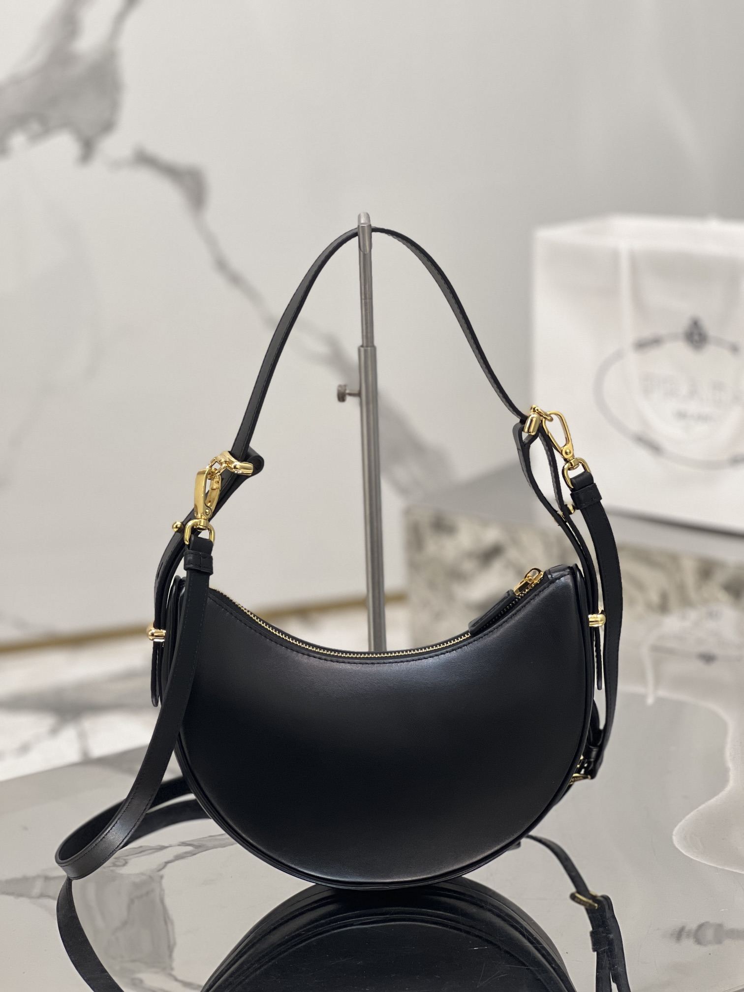 PRADA Arqué Leather Shoulder Bag Black