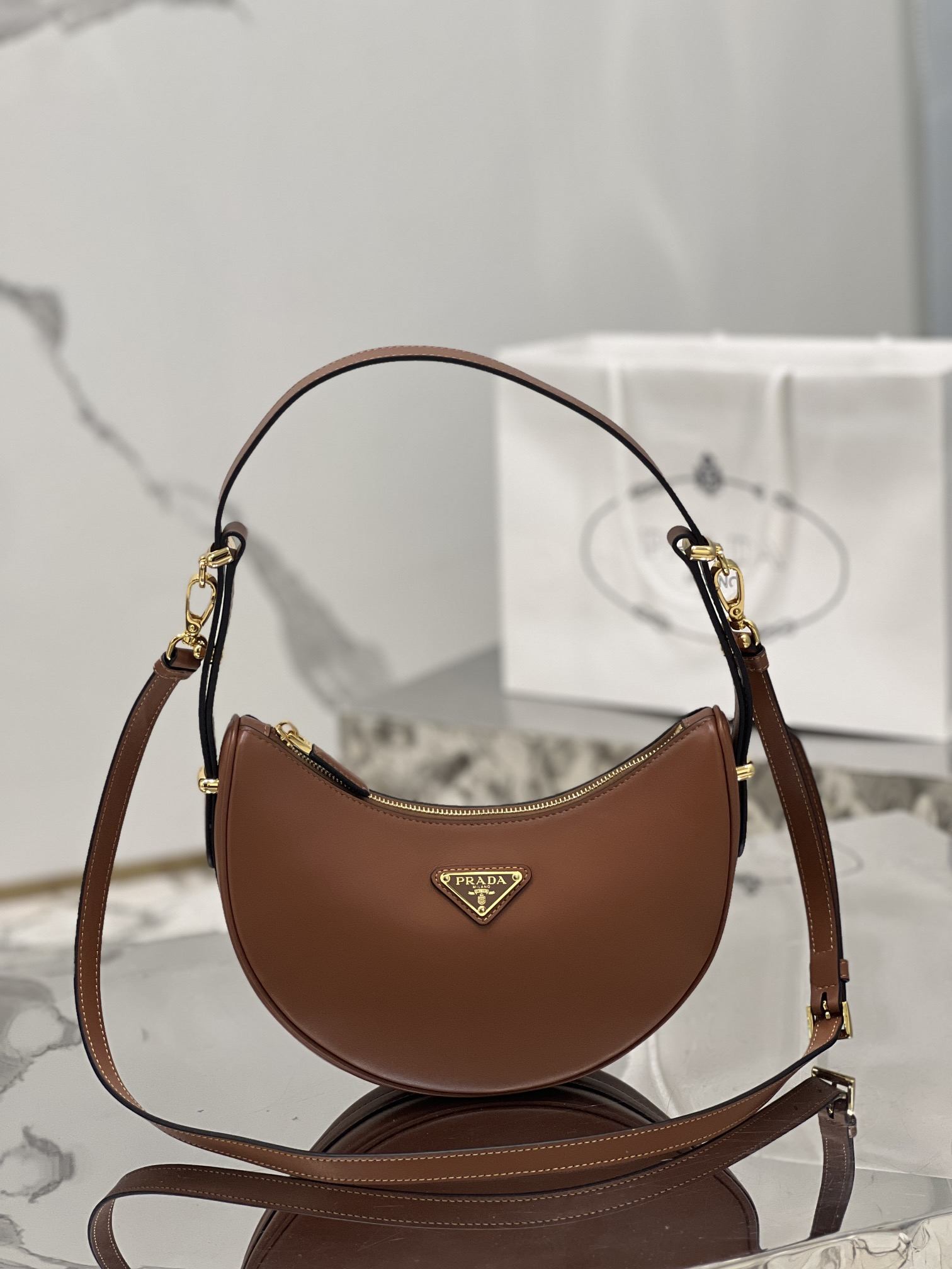 PRADA Arqué Leather Shoulder Bag Cognac