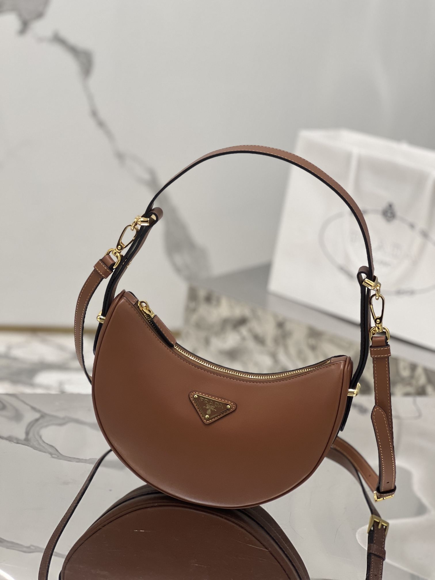 PRADA Arqué Leather Shoulder Bag Cognac