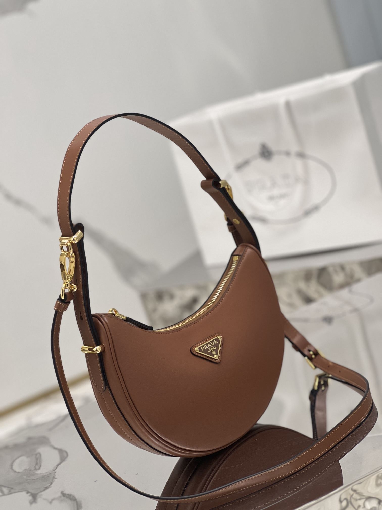 PRADA Arqué Leather Shoulder Bag Cognac