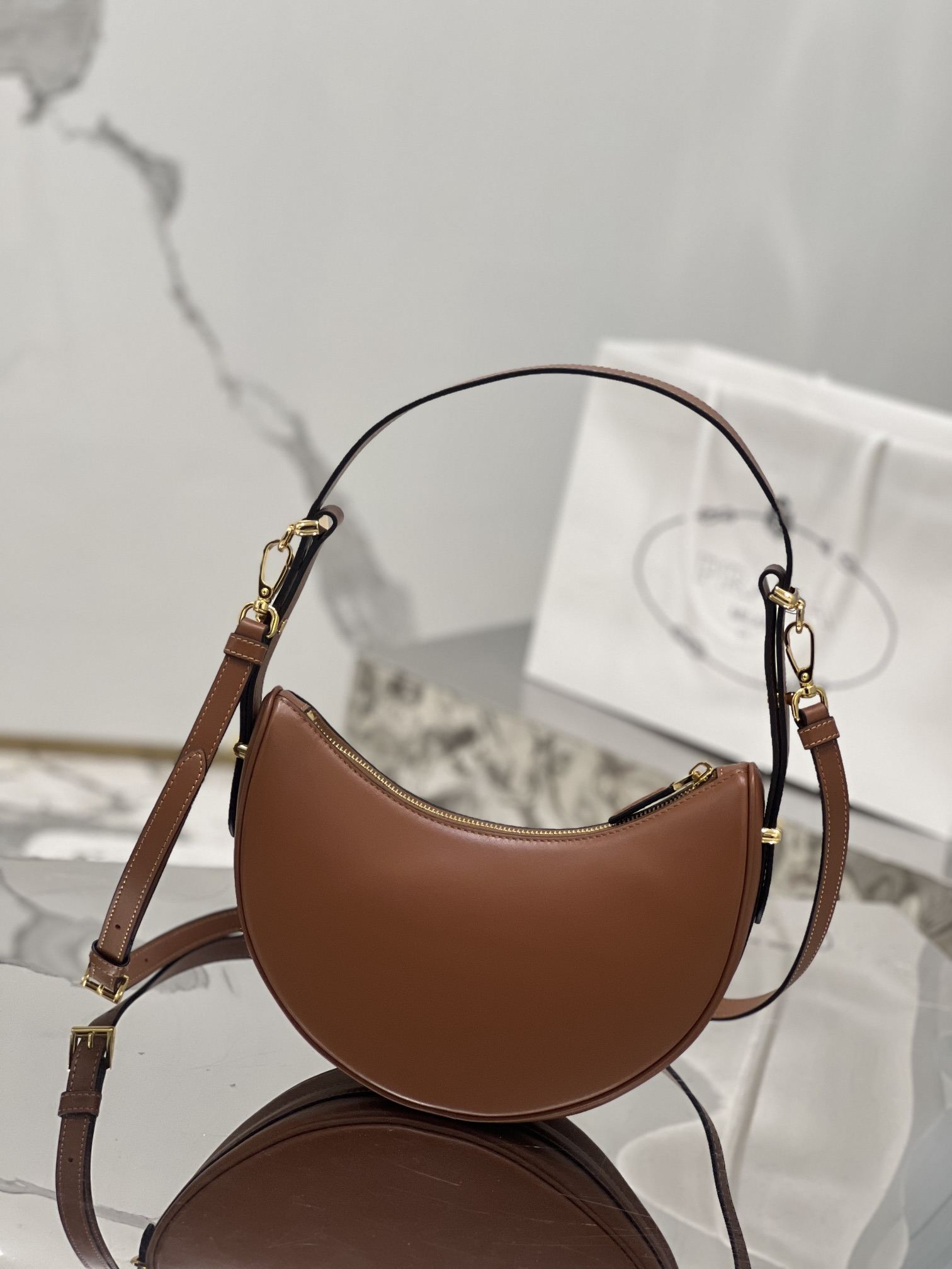 PRADA Arqué Leather Shoulder Bag Cognac