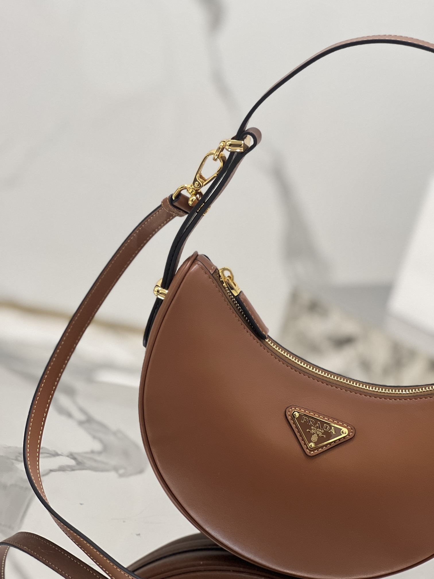 PRADA Arqué Leather Shoulder Bag Cognac