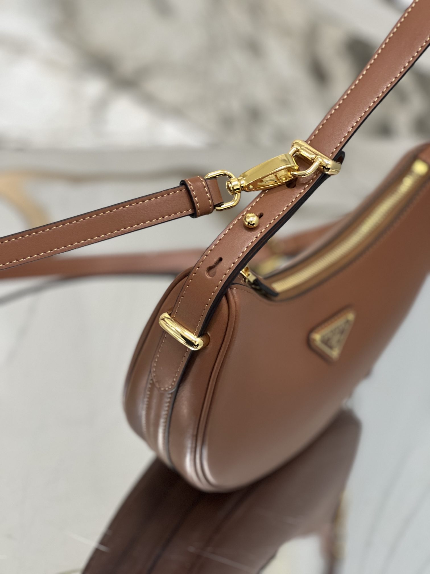 PRADA Arqué Leather Shoulder Bag Cognac