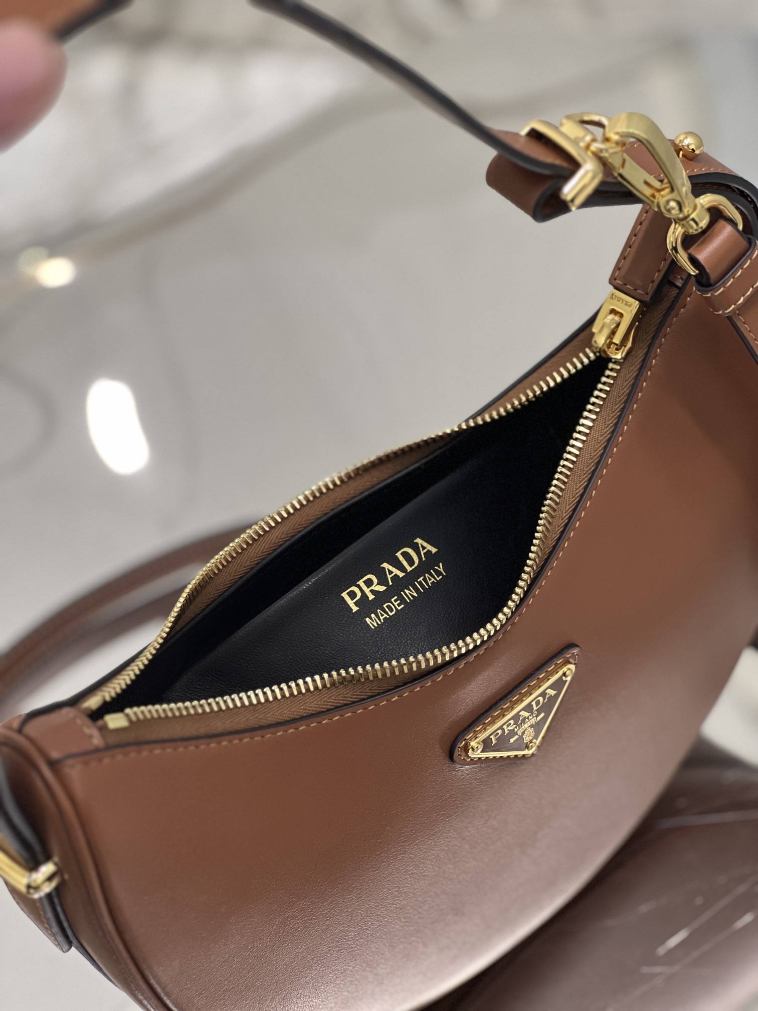 PRADA Arqué Leather Shoulder Bag Cognac