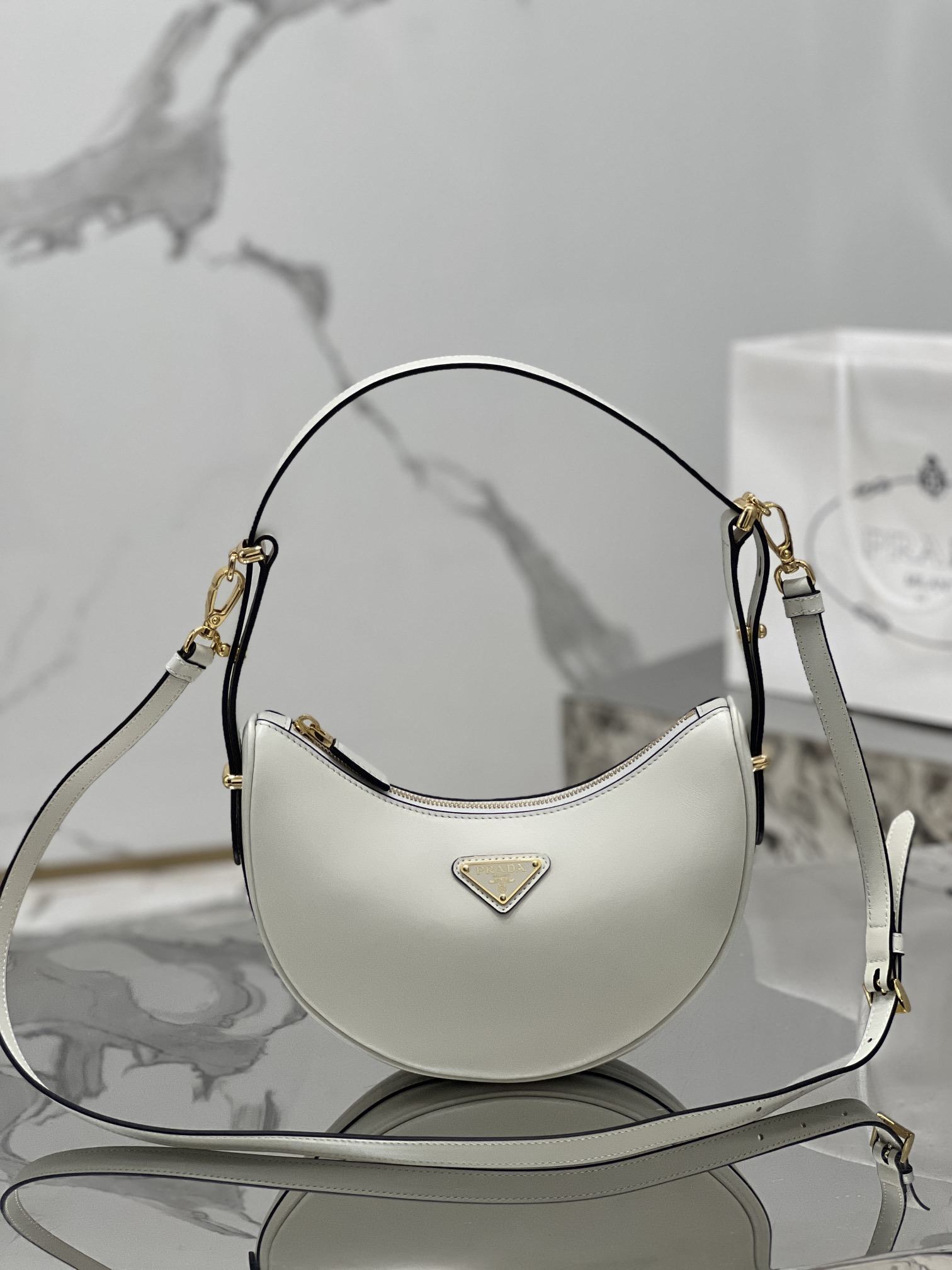 PRADA Arqué Leather Shoulder Bag White