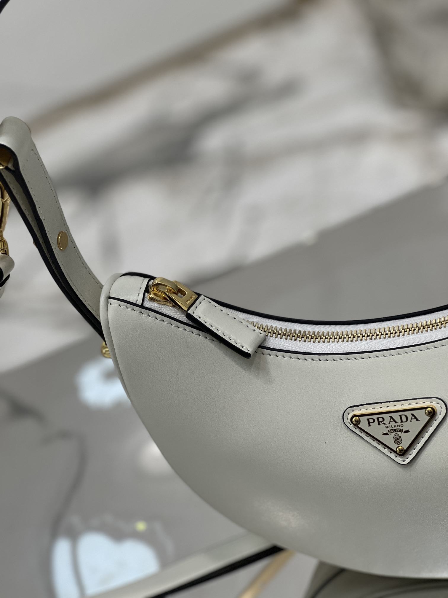 PRADA Arqué Leather Shoulder Bag White