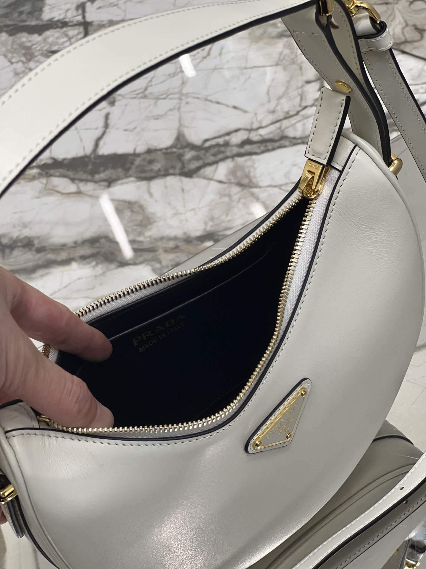 PRADA Arqué Leather Shoulder Bag White