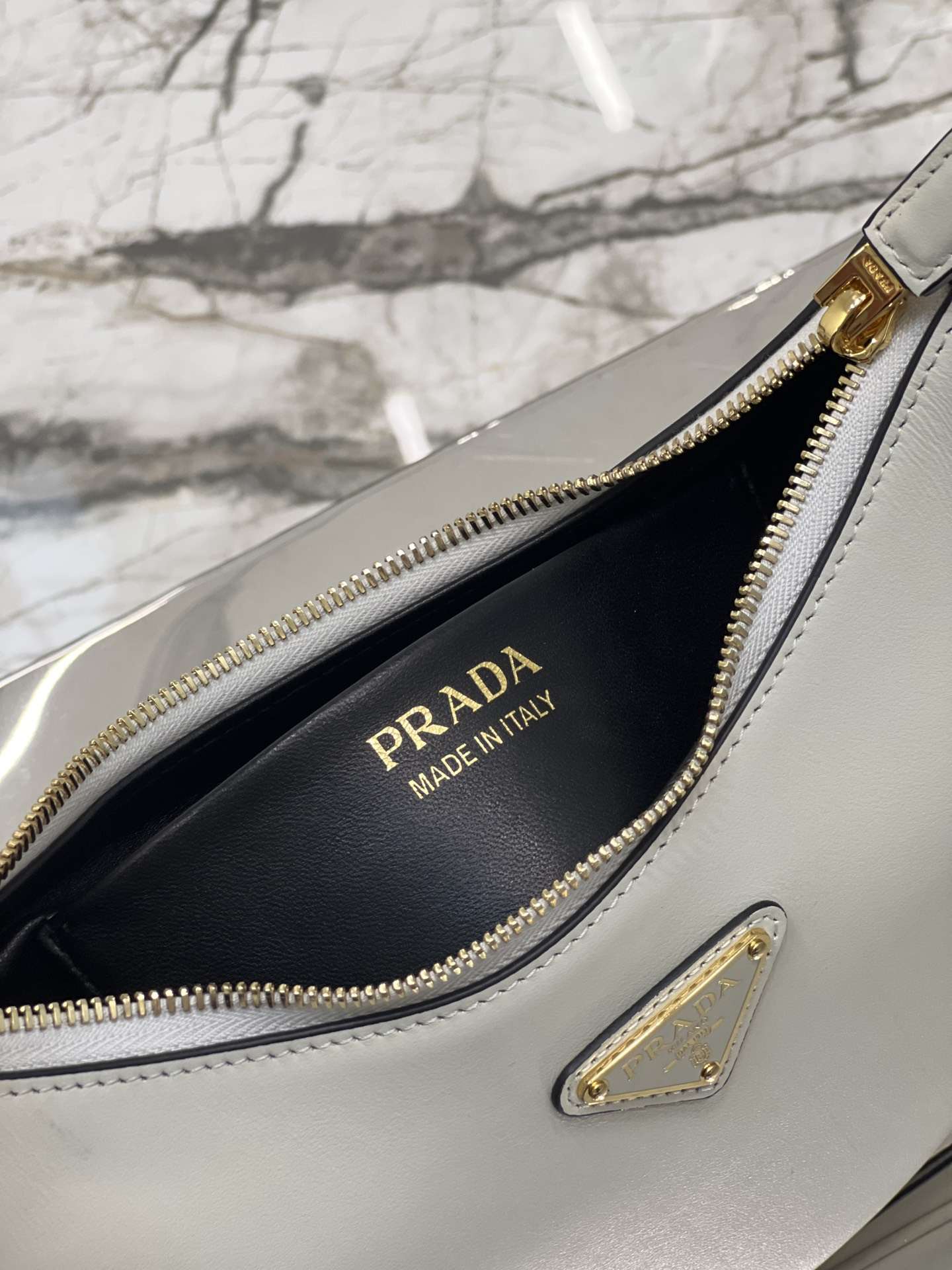 PRADA Arqué Leather Shoulder Bag White