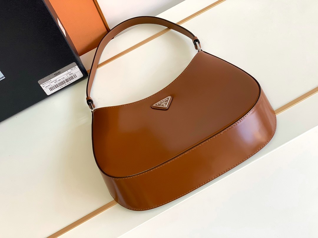 PRADA Cleo Brushed Leather Shoulder Bag Brown