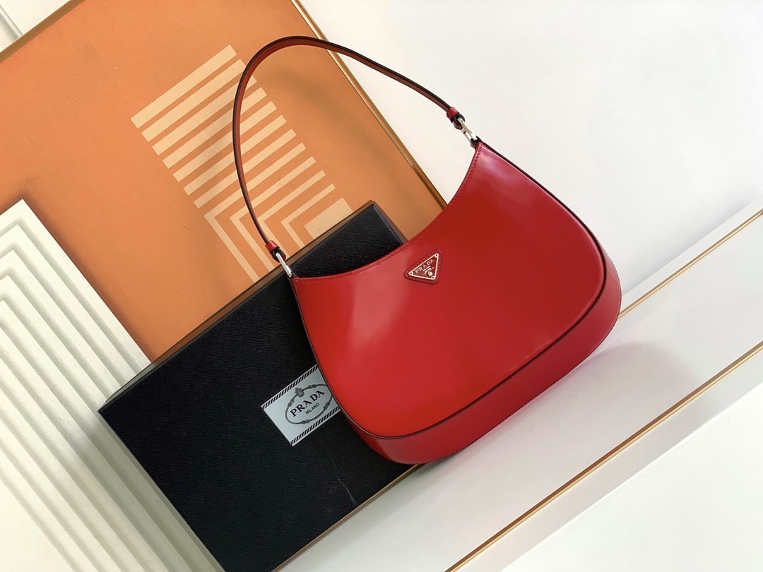 PRADA Cleo Brushed Leather Shoulder Bag Red